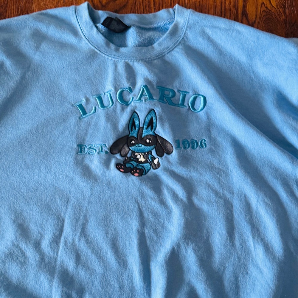 Pokémon Lucario Embroidered Crewneck Sweatshirt XL Blue Graphic Pullover Anime - Picture 12 of 14